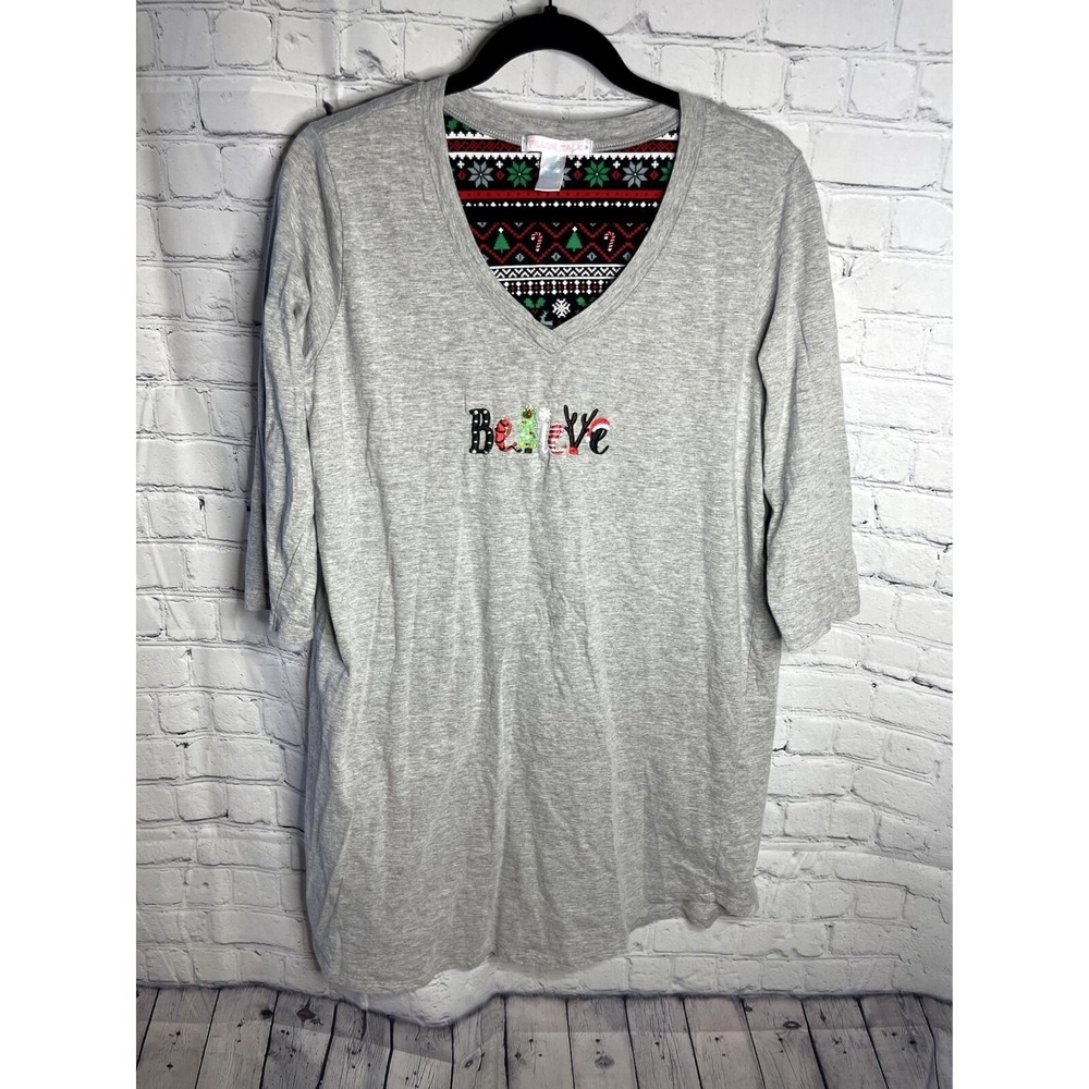 Pillow Talk Women XL Gray Believe Christmas Holiday Sleep Shirt Nightgown V-Neck